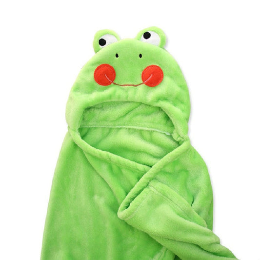 Green frog hooded bath towel cape with animal face and folded towel body