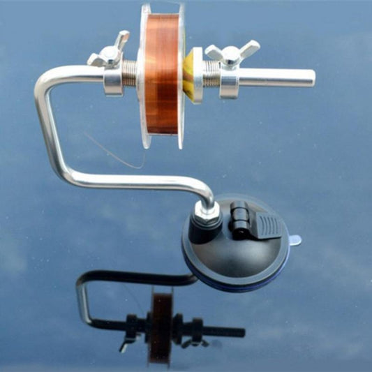 Fishing reel clamp with wooden spool, black suction base, and metal frame