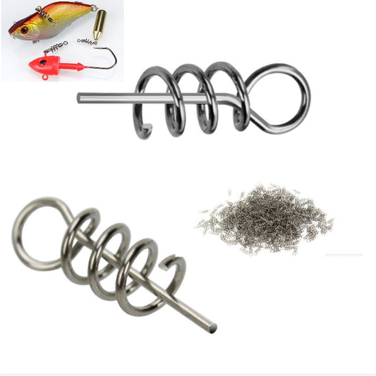 Metal fishing spring lock pin with circular loop, coiled wire, and bait hook