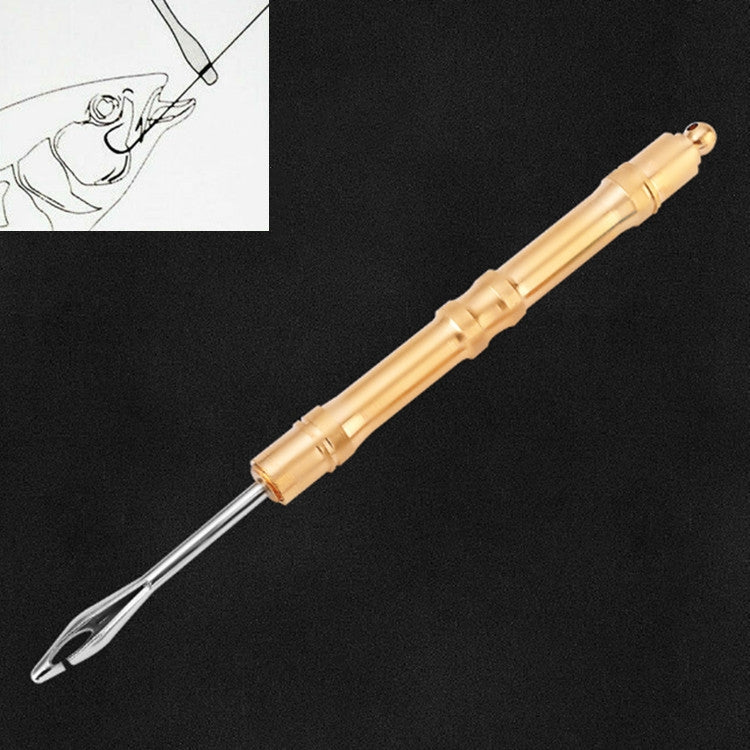 Copper hook remover with long cylindrical bronze handle and angled fork tip