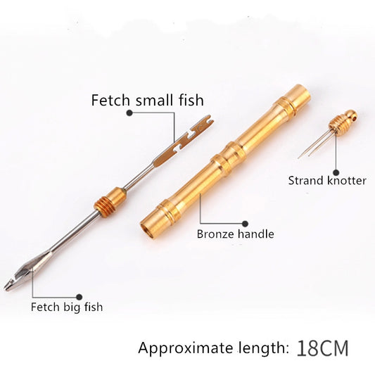 Copper hook remover with bronze handle, fork tip, and strand knotter prong