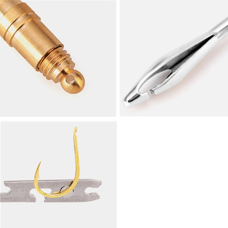 Copper hook remover close-up, bronze handle end with curved fork tip