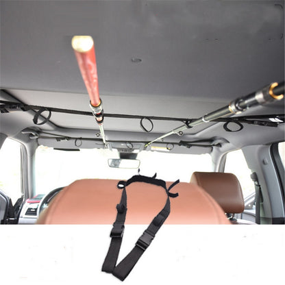 Car fishing rod roof holder strap with black webbing bands and hanging loops