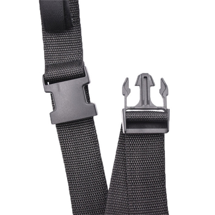 Adjustable webbing strap with gray plastic buckle clip and secure mounting piece