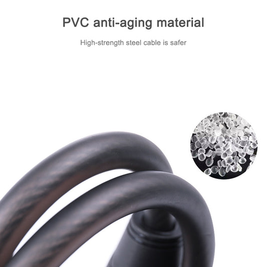 Black steel cable lock coil close-up with flexible PVC anti-aging cover