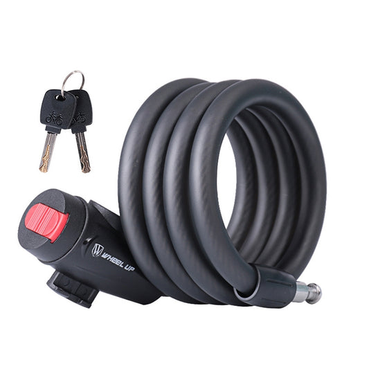 Bicycle steel cable lock with key and red locking slider, black coil cable