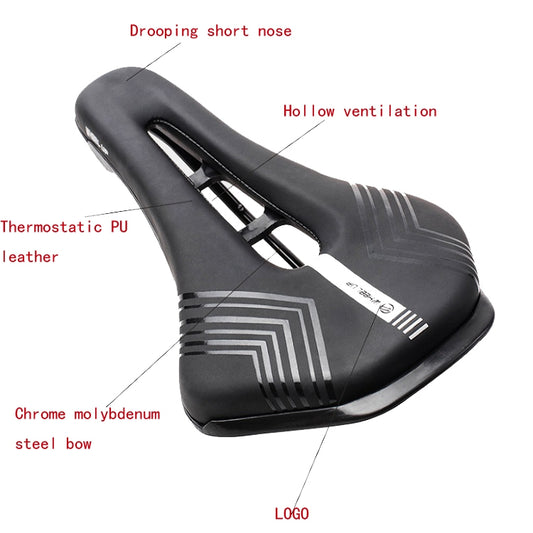 Black bicycle saddle with central vent cutout, curved profile, and metal rails
