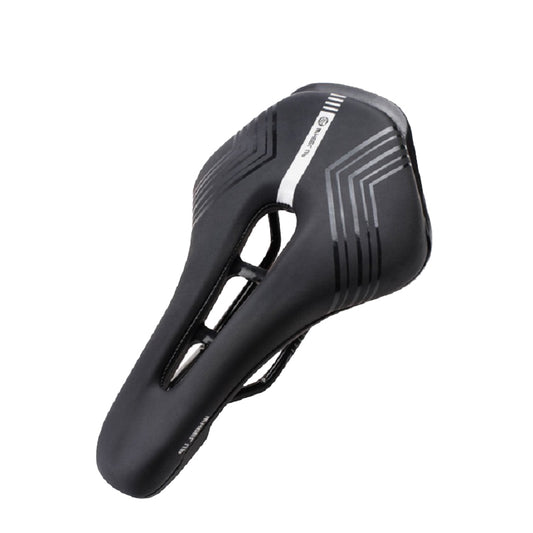 Black bicycle saddle with central cutout and ventilation channel, short-nose shape