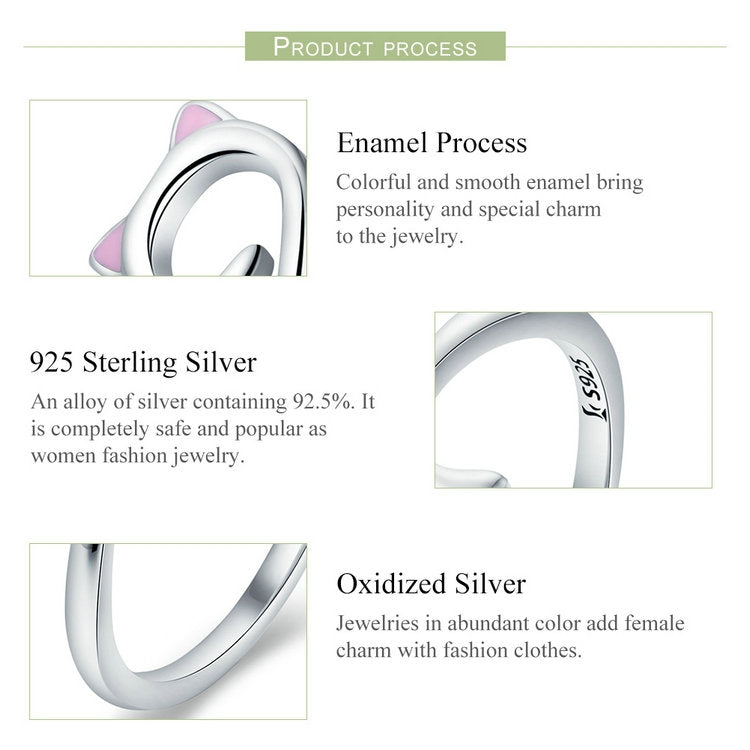 S925 sterling silver open cat ring with pink enamel and curved open band