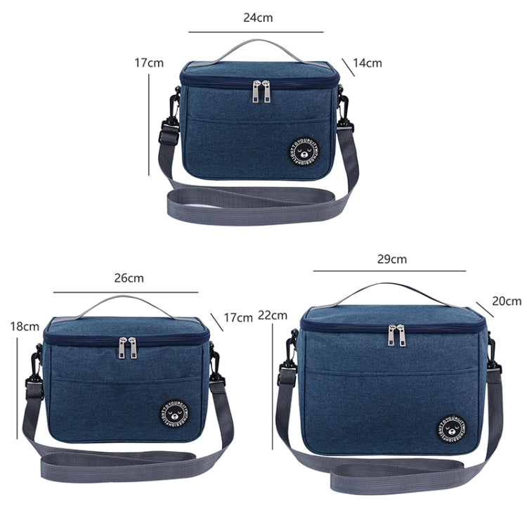 Blue insulated lunch cooler bag with shoulder strap and front zipper, shown with size measurements
