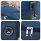 Blue insulated lunch cooler bag close-up: handle, zipper pulls, logo patch, and strap