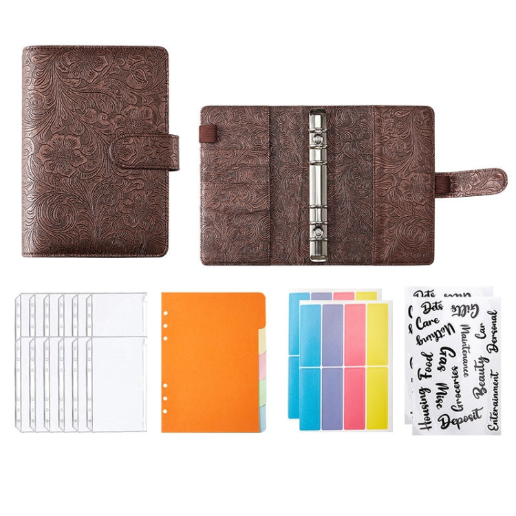 Embossed PU leather binder notebook in coffee brown with snap strap and ring binder mechanism