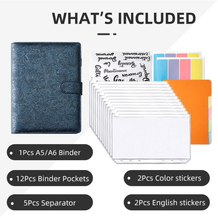 Embossed PU leather budget binder notebook with magnetic buckle, dark blue cover