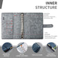 PU leather A6/A5 binder interior with loose-leaf rings, card pockets, and pen holder