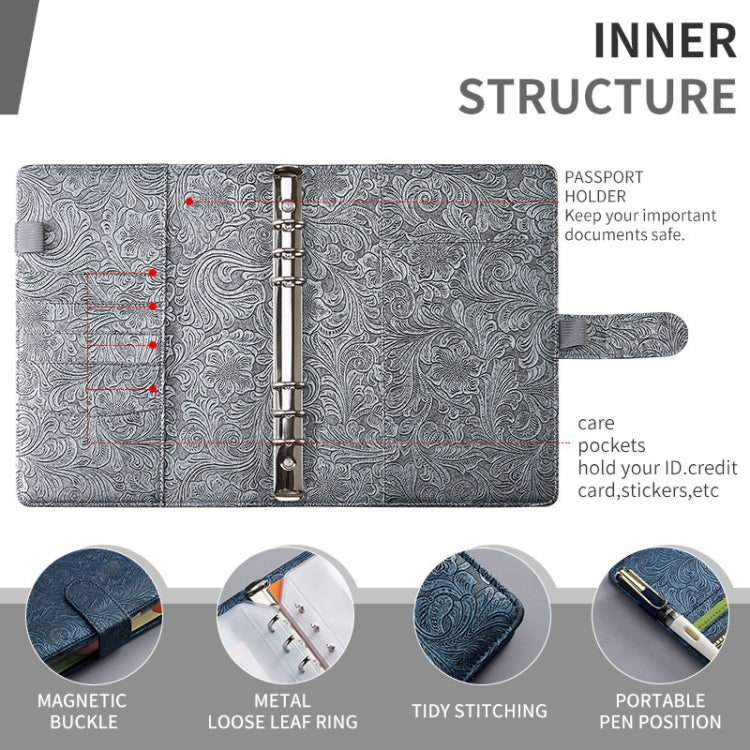 PU leather A6/A5 binder interior with loose-leaf rings, card pockets, and pen holder