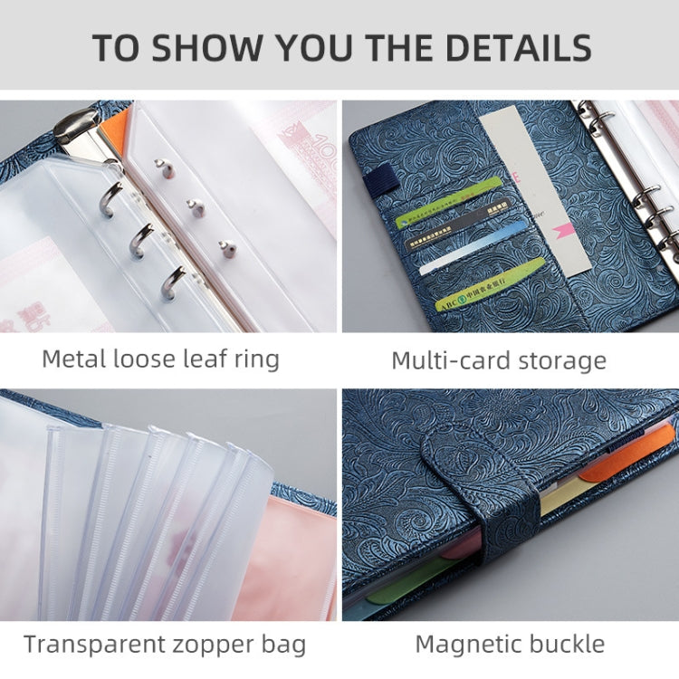 PU leather binder details: metal loose-leaf ring, transparent zip pocket, magnetic buckle