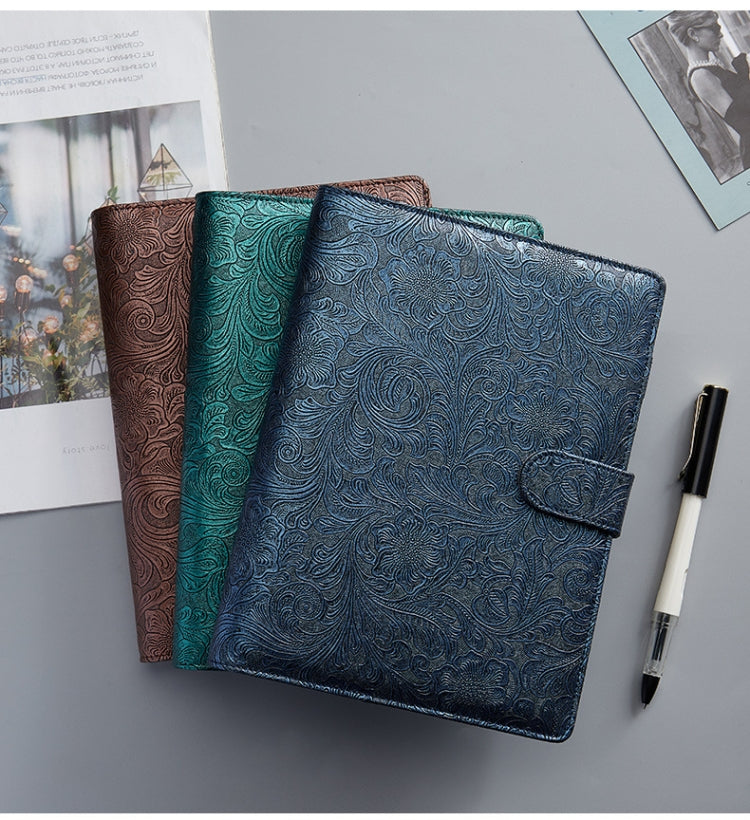 Set of embossed PU leather budget binders with magnetic closure, blue, teal, and brown