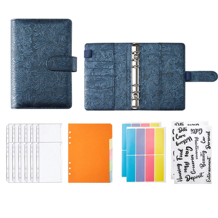 Embossed PU leather binder notebook in dark blue with snap strap and ring binder mechanism