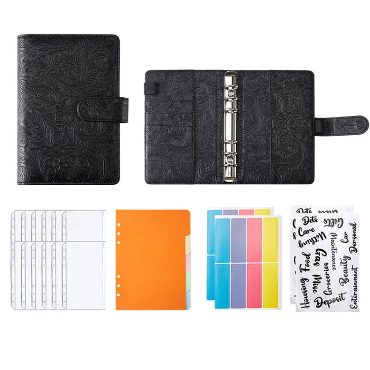 Embossed PU leather binder notebook in dark black with snap strap and ring binder mechanism
