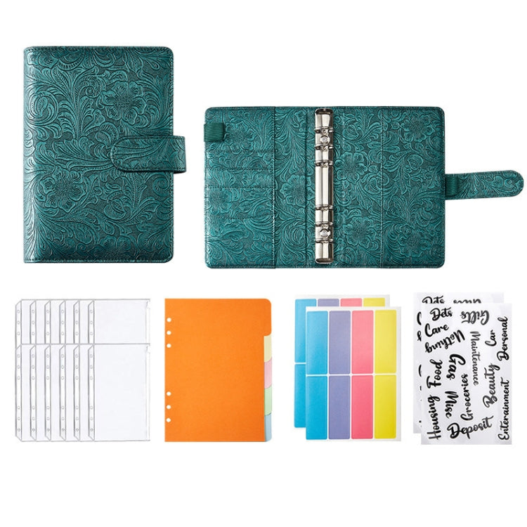 Embossed PU leather binder notebook in dark green with snap strap and ring binder mechanism