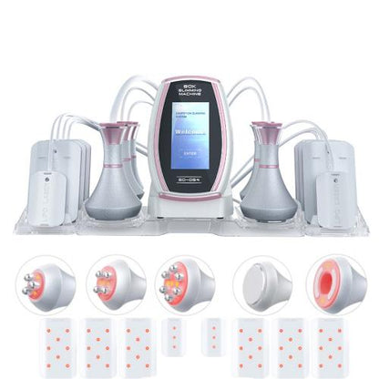 6-in-1 slimming machine kit with pink trim, screen display, and suction handpieces
