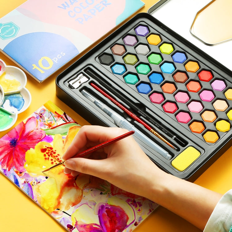 Black portable watercolor paint tin with hex color pans and paintbrush