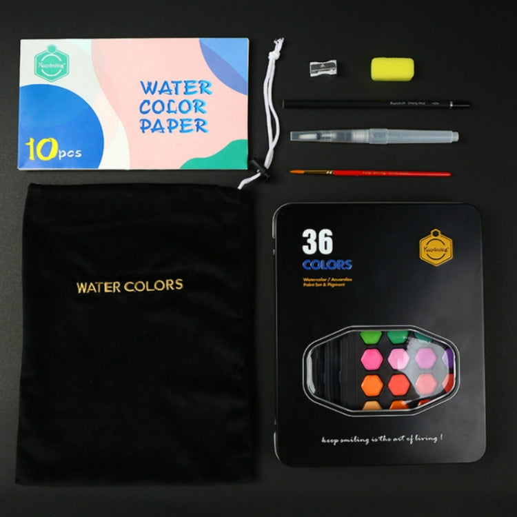 Watercolor set case with 10-sheet paper, brushes, and 36-color pan tray