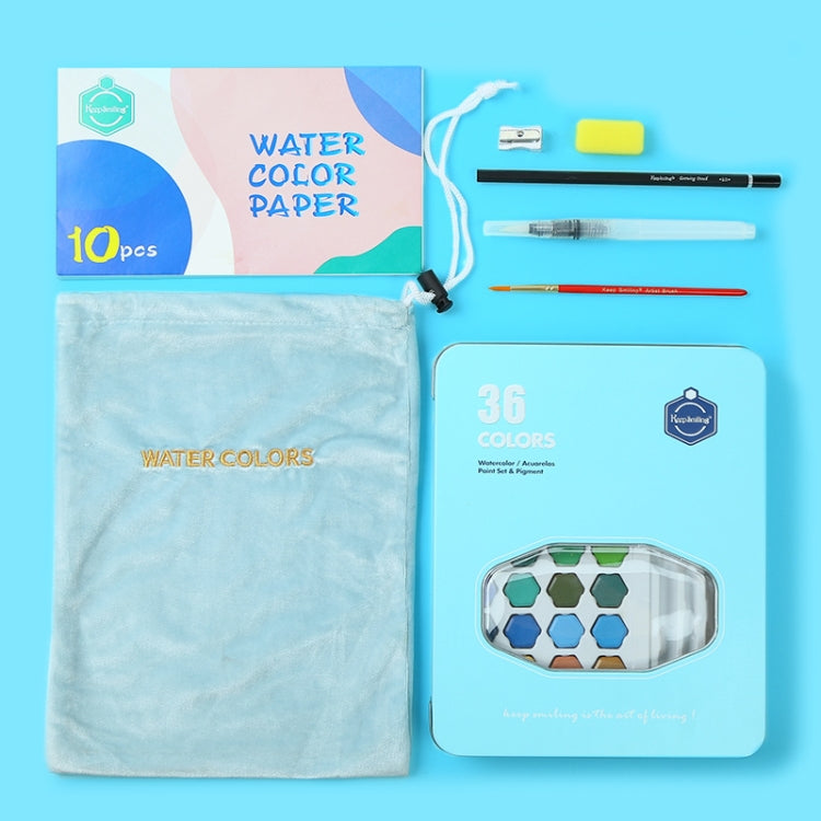 Watercolor set with blue pouch, 10-sheet watercolor paper, and 36-color tray
