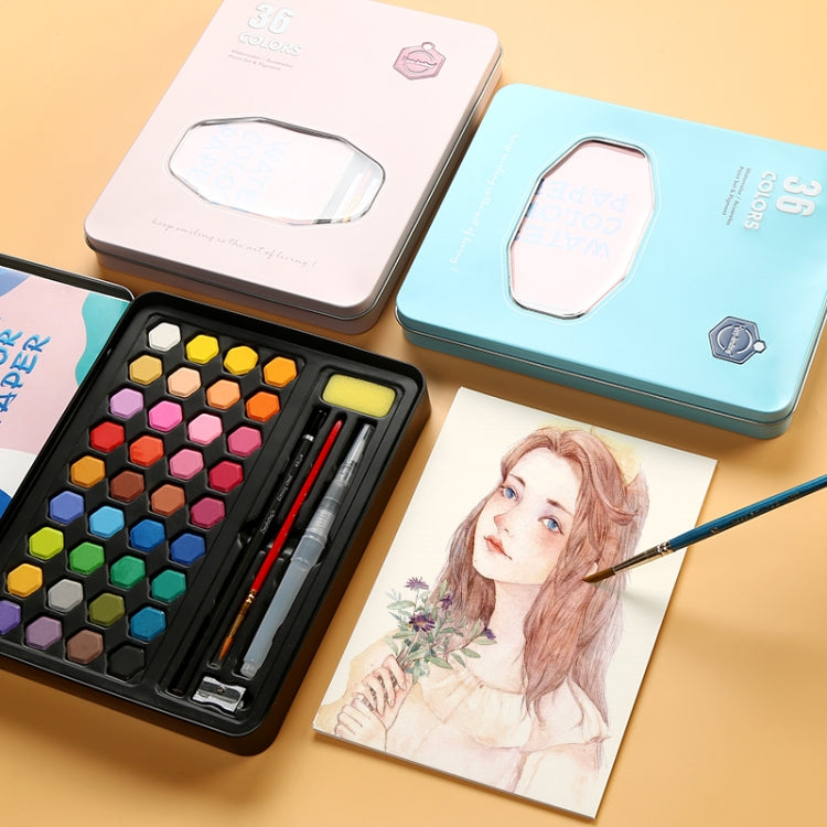 Portable watercolor paint tin with hex color pans and brush, beside closed tins