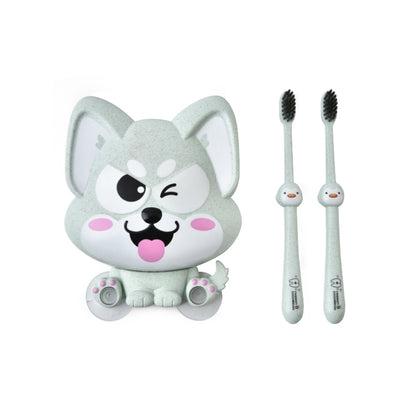 Cartoon dog suction wall toothbrush holder with two toothbrushes, light blue and white.