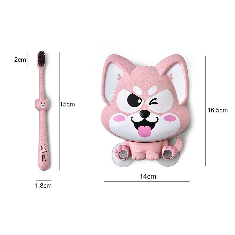 Pink cartoon dog suction toothbrush holder with two toothbrush holders, front view.