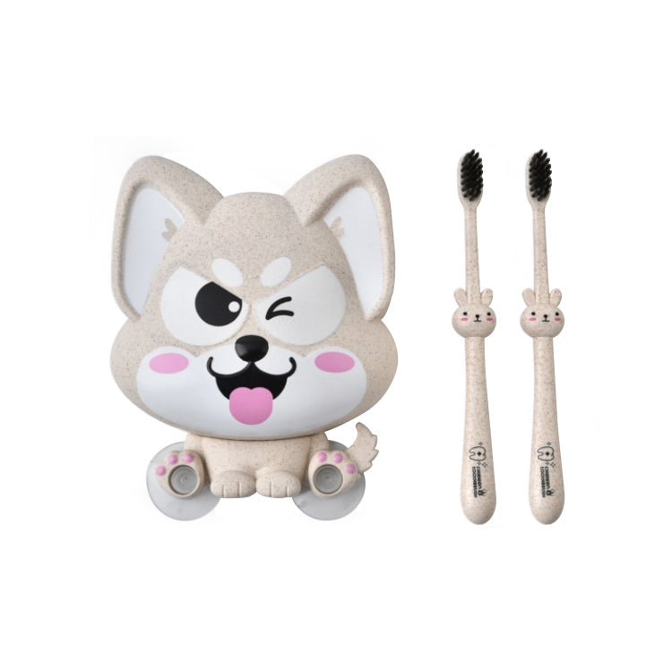 Cartoon dog suction wall toothbrush holder with two toothbrushes, gray character design