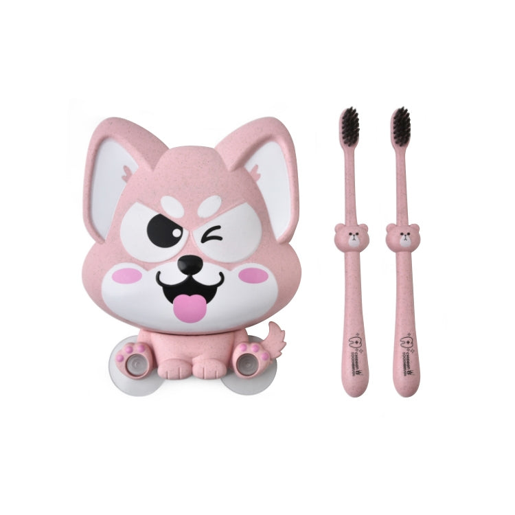 Cartoon dog suction wall toothbrush holder with two toothbrushes, pink character design