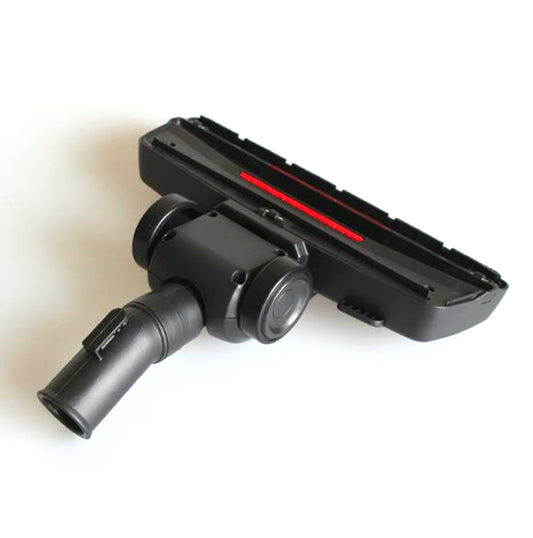 Black vacuum floor brush head with red bristle line and dual roller opening.