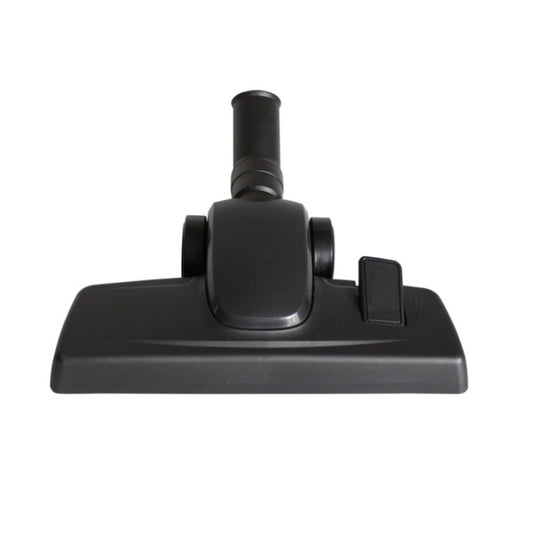 Black vacuum cleaner brush head with central nozzle connector and side latch.