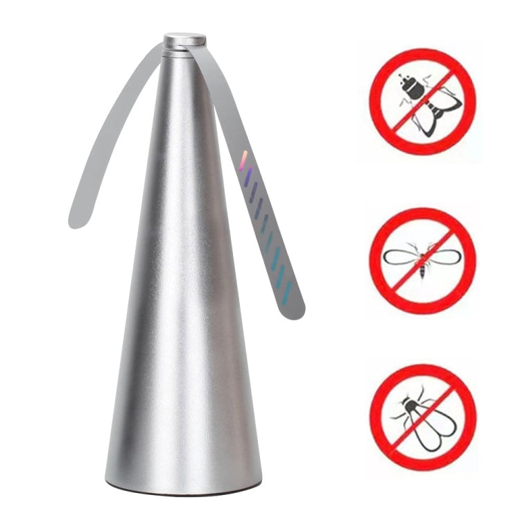 Silver cone-shaped automatic fly catcher fan with three tripod legs