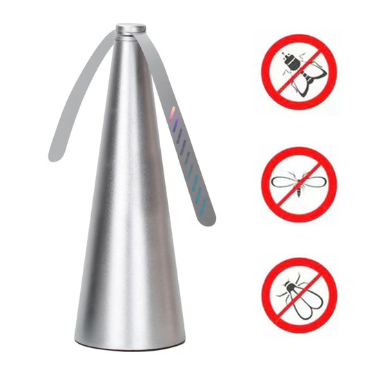 Silver cone-shaped automatic fly catcher fan with three tripod legs