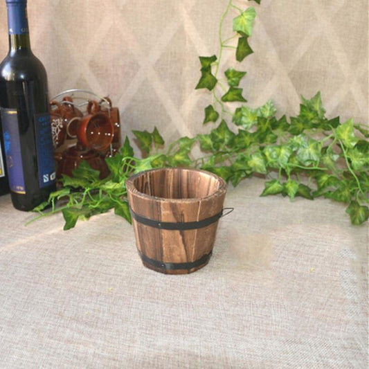 Carbonized wood flower pot: small round bucket with dark metal strap bands