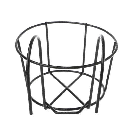 Black round metal flower pot stand with two-tier circular basket, arched side rails