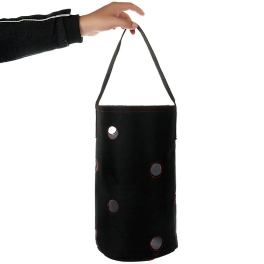 Black felt hanging plant bag with stitched red grommets and carry strap