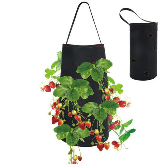 Hanging felt planting bag with strawberry print, green leaves, and fabric handle