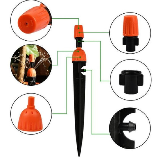 Micro-spray drip irrigation sprinkler shown with orange top and black components