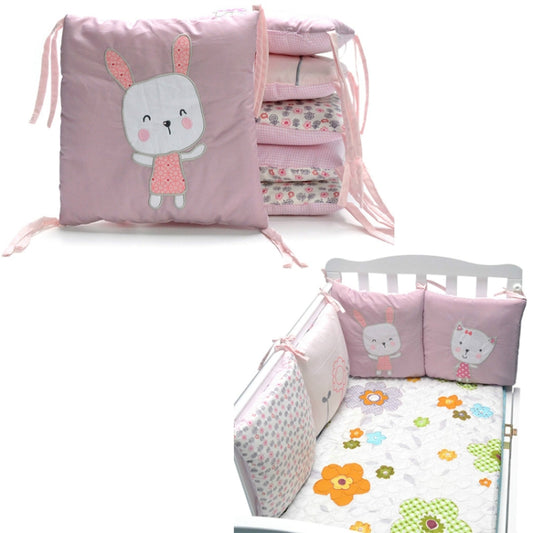 Pink cotton crib perimeter pad with embroidered bunny and ties, 30x30 cm