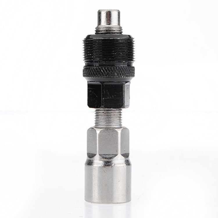 Bicycle bottom bracket tool end view: threaded hex insert with silver socket