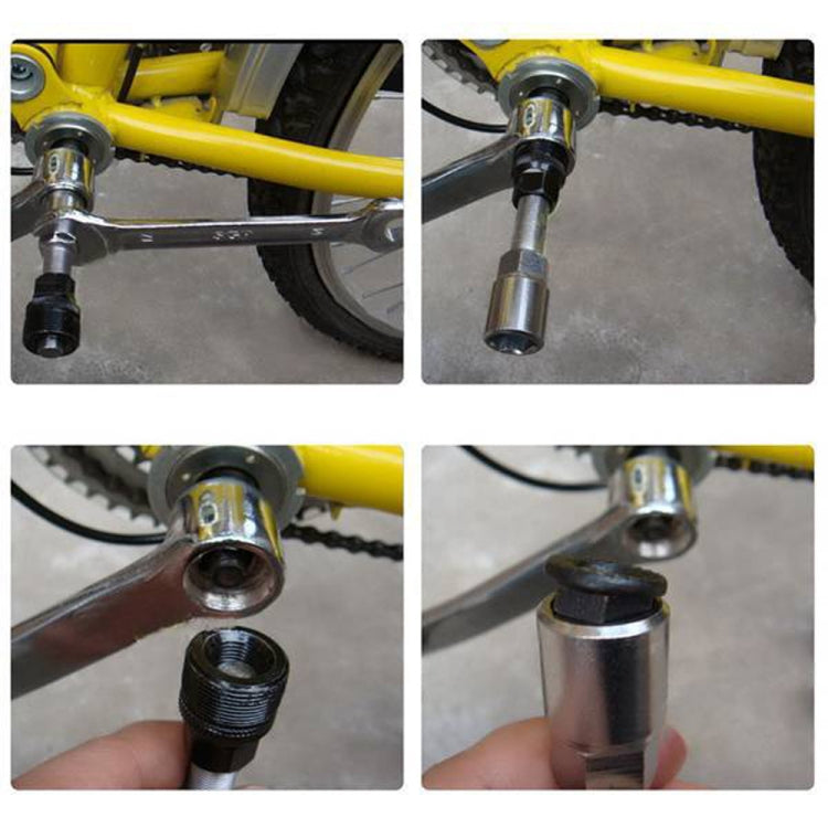 Bicycle bottom bracket tool in use on a bike frame with socket on crank area