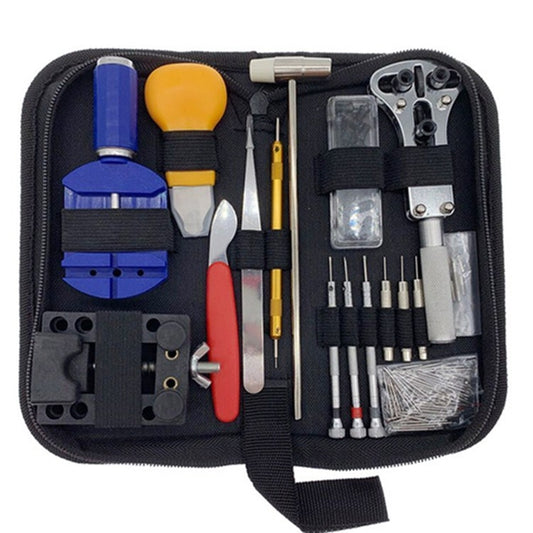 Watch repair tool kit in black zip case with assorted metal and plastic tools