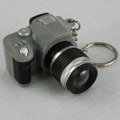 Gray mini SLR camera keychain pendant with lens and metal ring