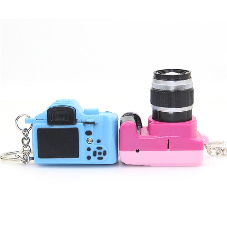 Blue and pink mini SLR camera keychain pendants with large lens barrels