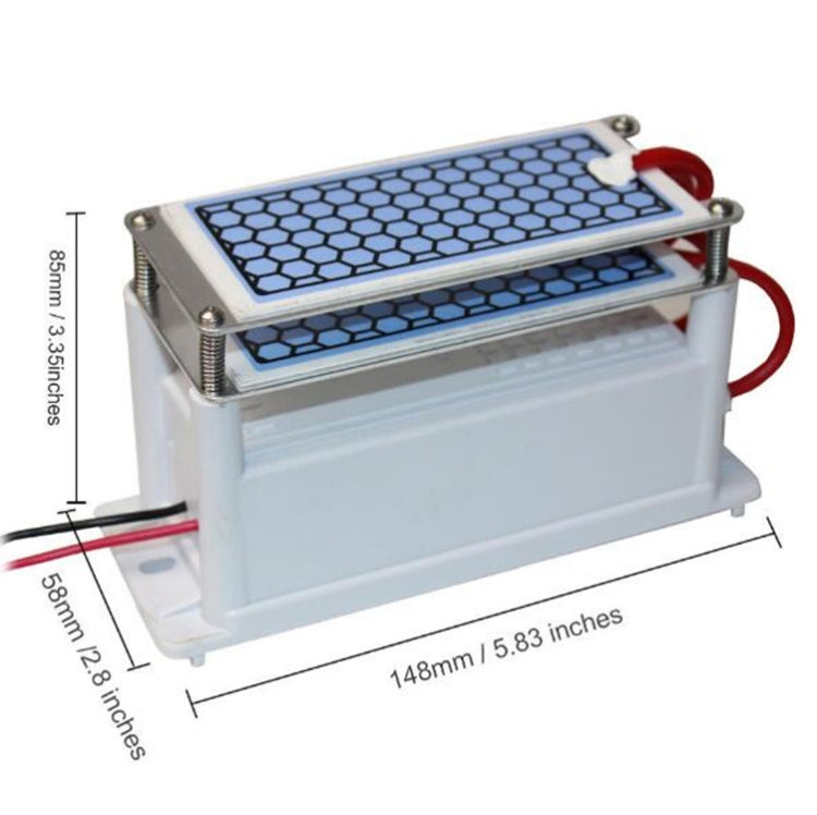 Portable ozone generator with size dimensions shown, dual hex ceramic panels, red/blue wires