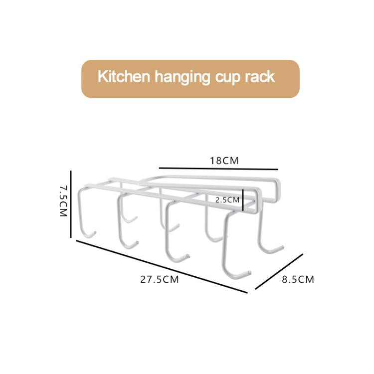 White hanging cup rack with multiple curved hooks; 18.5 x 27 x 8.5 cm size